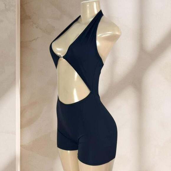 Suviafashion Pants - Black Cutout Romper – Halter Deep V Neck Backless Bodycon Sexy One Piece ✧ M